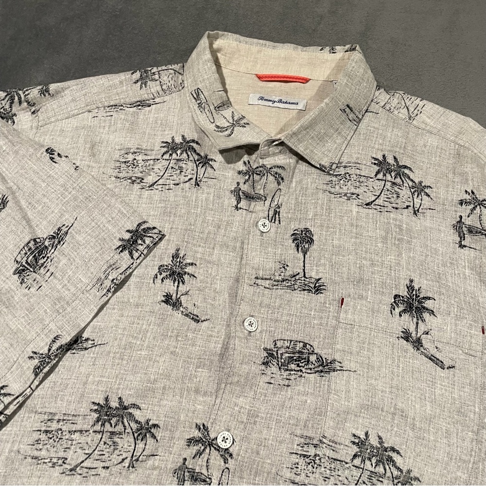 Tommy Bahama Shirt Mens XXL Gray Linen All Over Palm Tree Tropical Reverse Print